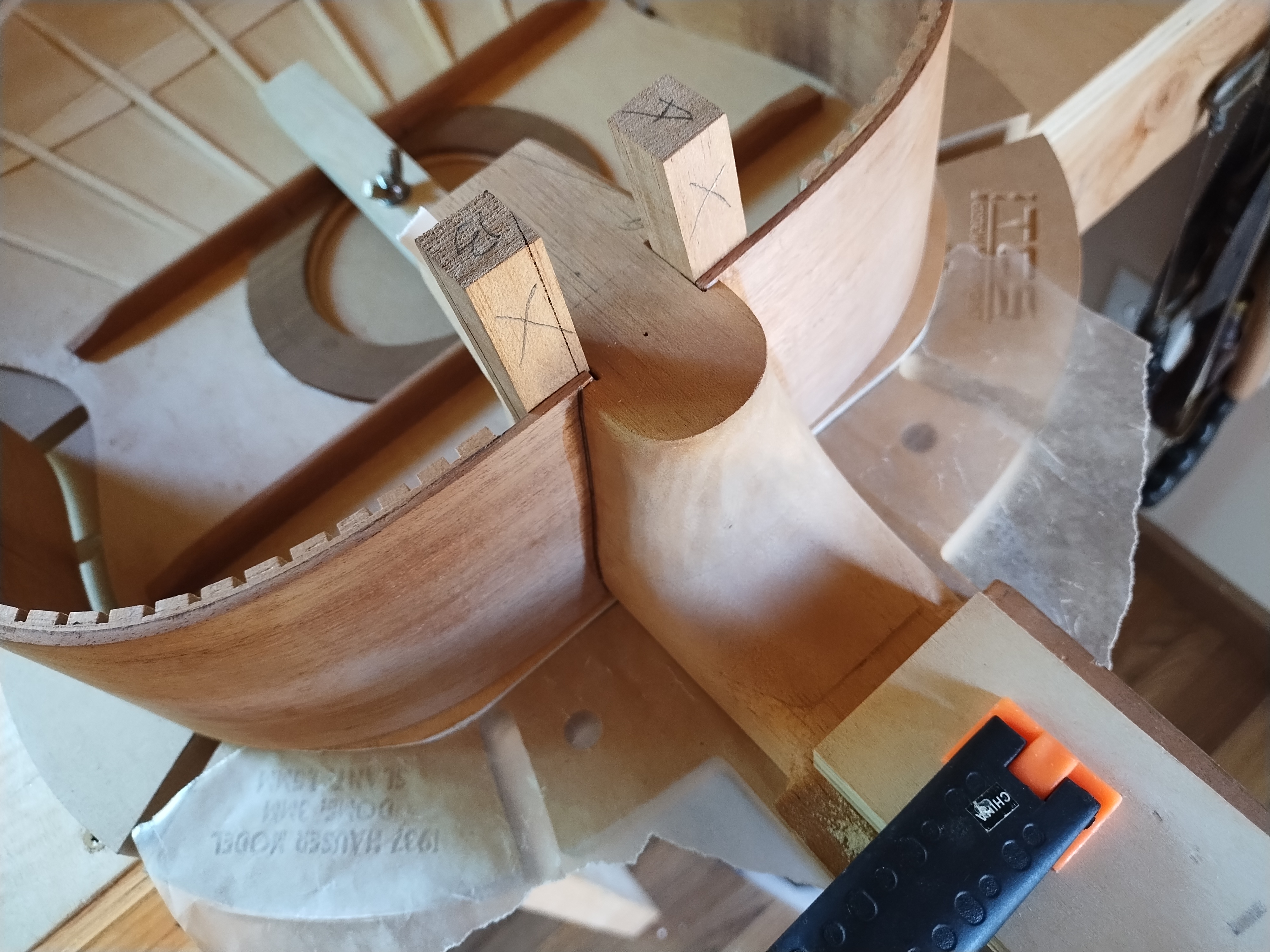 Classical guitar sides glued into the Spanish heel using wedges
