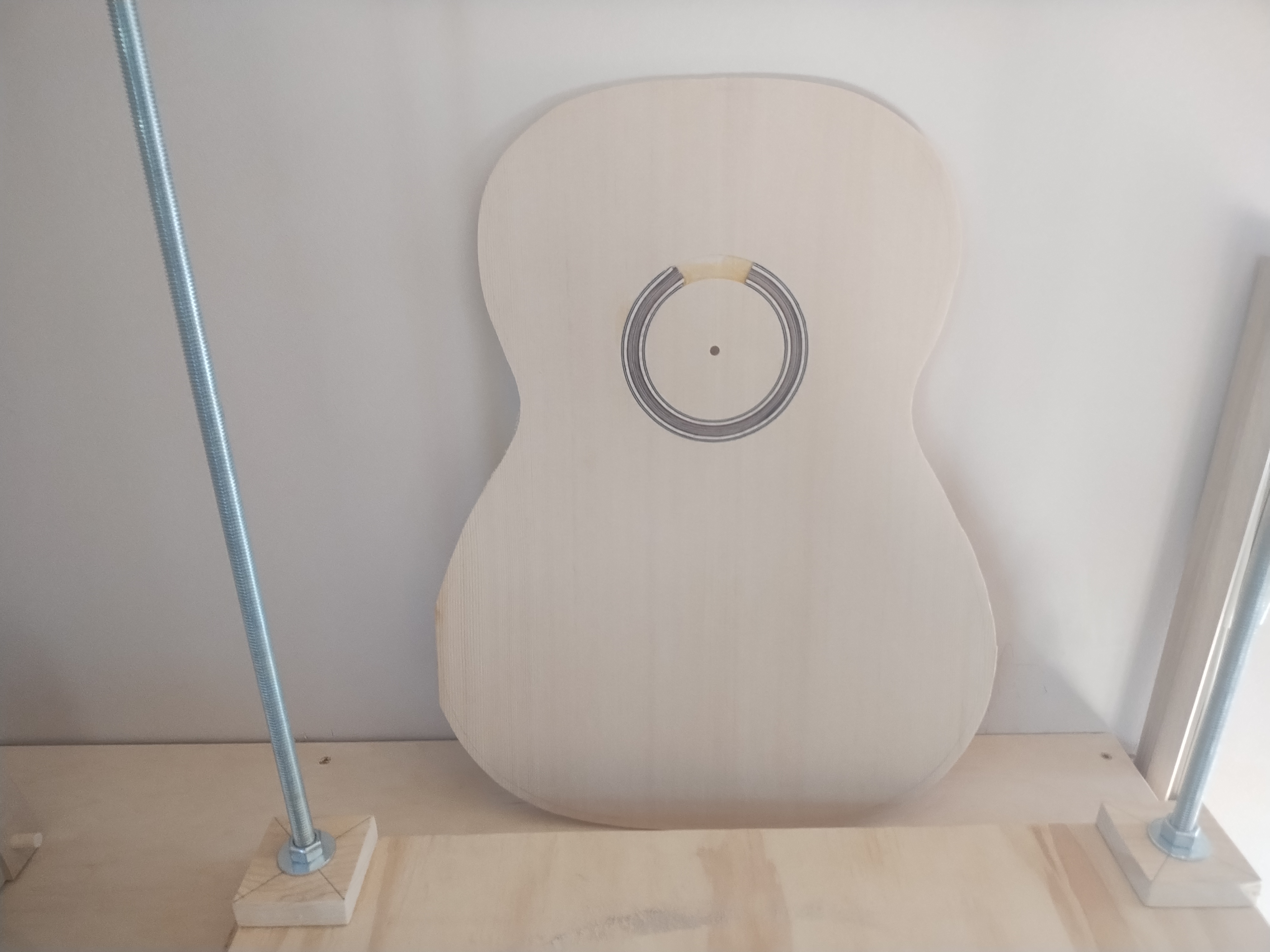 Classical guitar top with rosette inlay installed