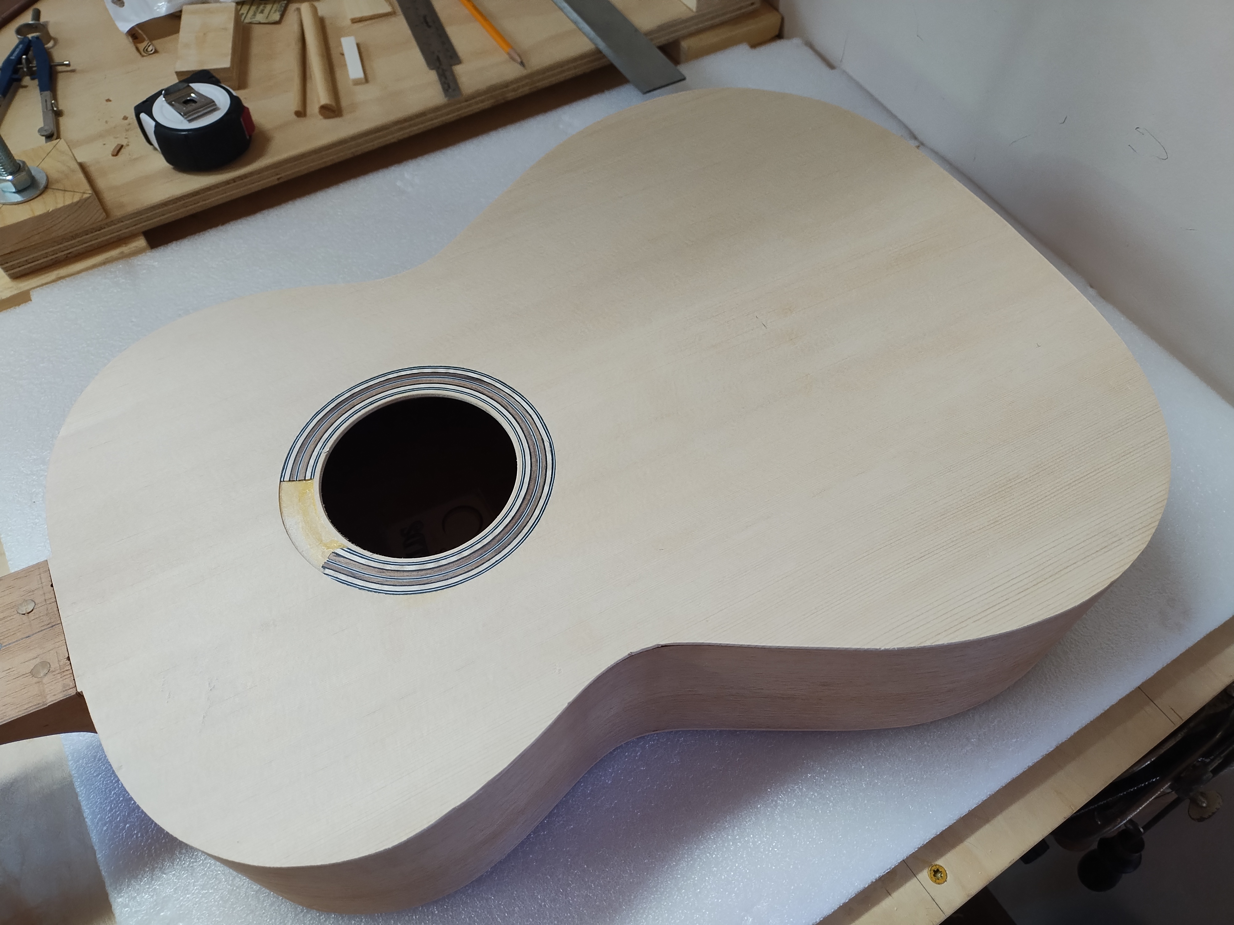 Classical guitar top assembly with rosette in progress